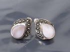 Marcasite Stud Drop Pierced Earrings Vintage Sterling Silver Mother of Pearl