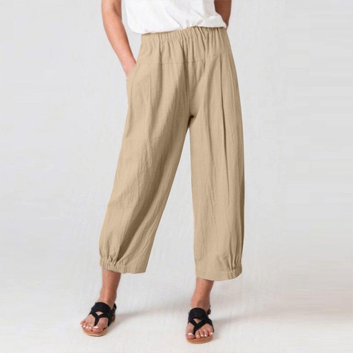 Womens Cotton Linen Cropped Harem Pants Summer High Waist Wide Leg Trousers Size - Picture 15 of 16