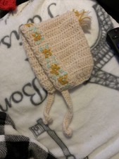 Brand New Cute Hand Crocheted Baby  Hat Cream With Gold Floral     Pom