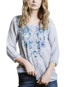 Beautiful-JOHNNY-WAS-Floral-Embroidered-BLUE-MOON-Button-Neck-Tunic-S-228