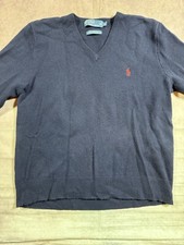 Vintage Polo Ralph Lauren Wool Sweater Medium Mens Navy Blue V Neck Preppy Fall