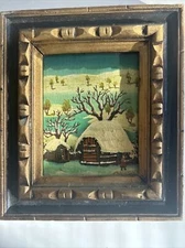 Primitive Folk Framed Oil Painting Winter Snow Covered Village by Dubrowski