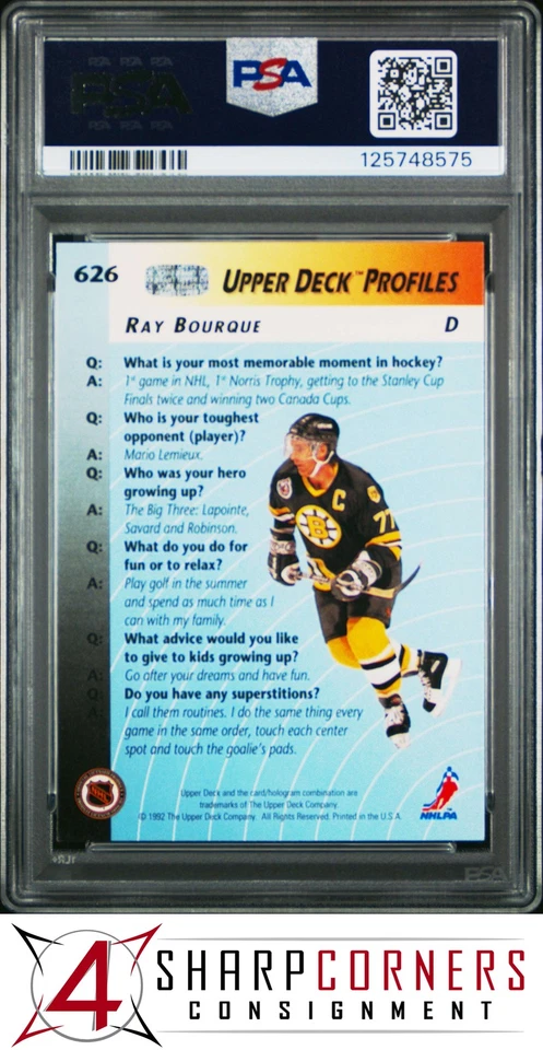 1992 UPPER DECK #626 RAY BOURQUE BRUINS HOF POP 3 PSA 10 - Image 2 of 2