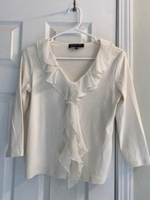 JONES New York Signature Beige T Top With Ruffles Long Sleeve Cotton Spandex S
