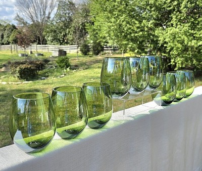 9 Emerald Green Glasses Roly Poly Low Tumblers Double Old Fashioned Juice 18 oz.