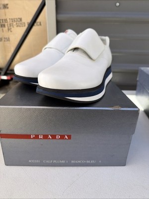Prada 4O2351 Calf Plume 1 Wedge Platform Blanco+Blue Sneaker Size 8 US 9 Mint