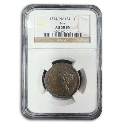 1844/INV 184 Large Cent AU-58 NGC (Brown, N-2)