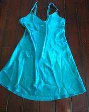 VINTAGE 80s 90s Women's California Dynasty Teal Satin Chemise Slip Dress Medium