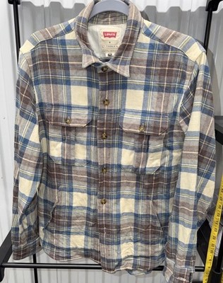 NEW Levi s Plaid Flannel Shirt Medium Woolmark Blend Blue Brown