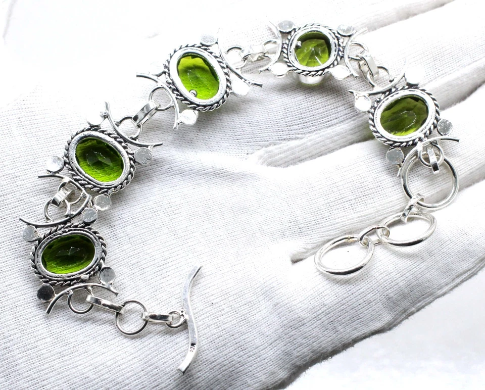 Green Peridot Gemstone Handmade 925 Sterling Silver Jewelry Bracelet Size-7-8" - Image 3 of 3
