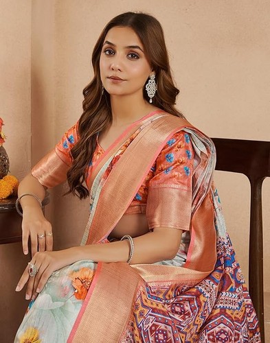 Damen Baumwoll Leinen Ready To Wear One Minute Sari mit unbesticktem Blusenteil - Bild 8 von 8