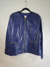 Chico s Full Gold Zip Blue Blazer Jacket Shiny Faux Leather Sz 3 Top Stitching