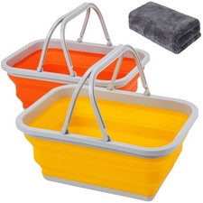 2 Pack Collapsible Sink with Handle, 2.37 Gal Foldable Wash Basin for Camping