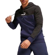 PUMA Men's ESS Block Tape Hoodie Blue Black Colorblock Size M Cotton Blend