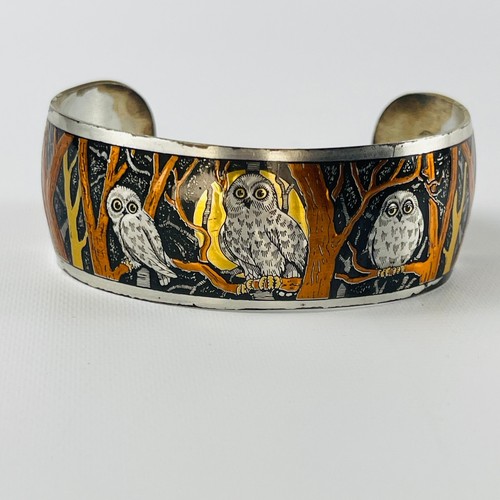 Vintage Eule Schilf & Barton DAMASZENER Manschette ARMBAND; Eulen Wald Bäume Vollmond