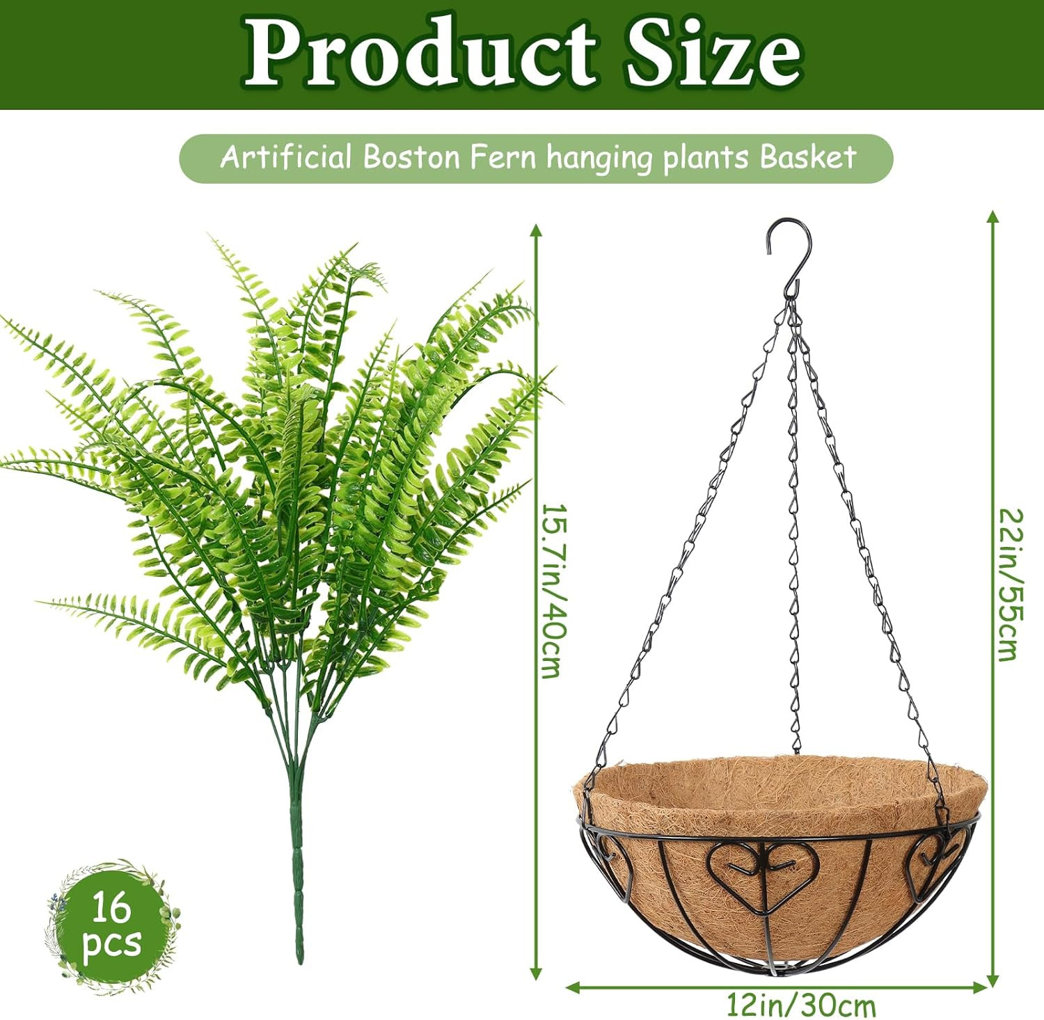 Artificial Hanging Plants with Basket 2PCS Fake Boston Fern Baskets, Outdoor Fau