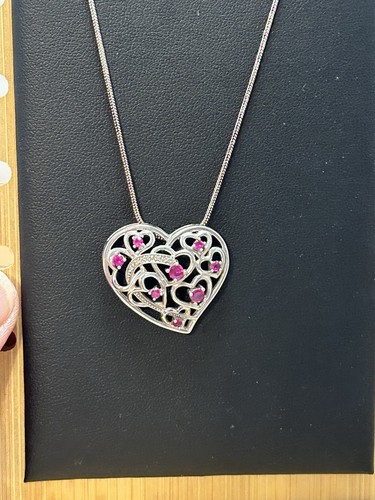 Sterling Silver Filigree Heart With Pink Stones 18 Inch Chain