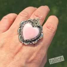 Pink Conch Shell Tibet Silver Floral Heart Ring Adjustable Beautiful Unique Gift