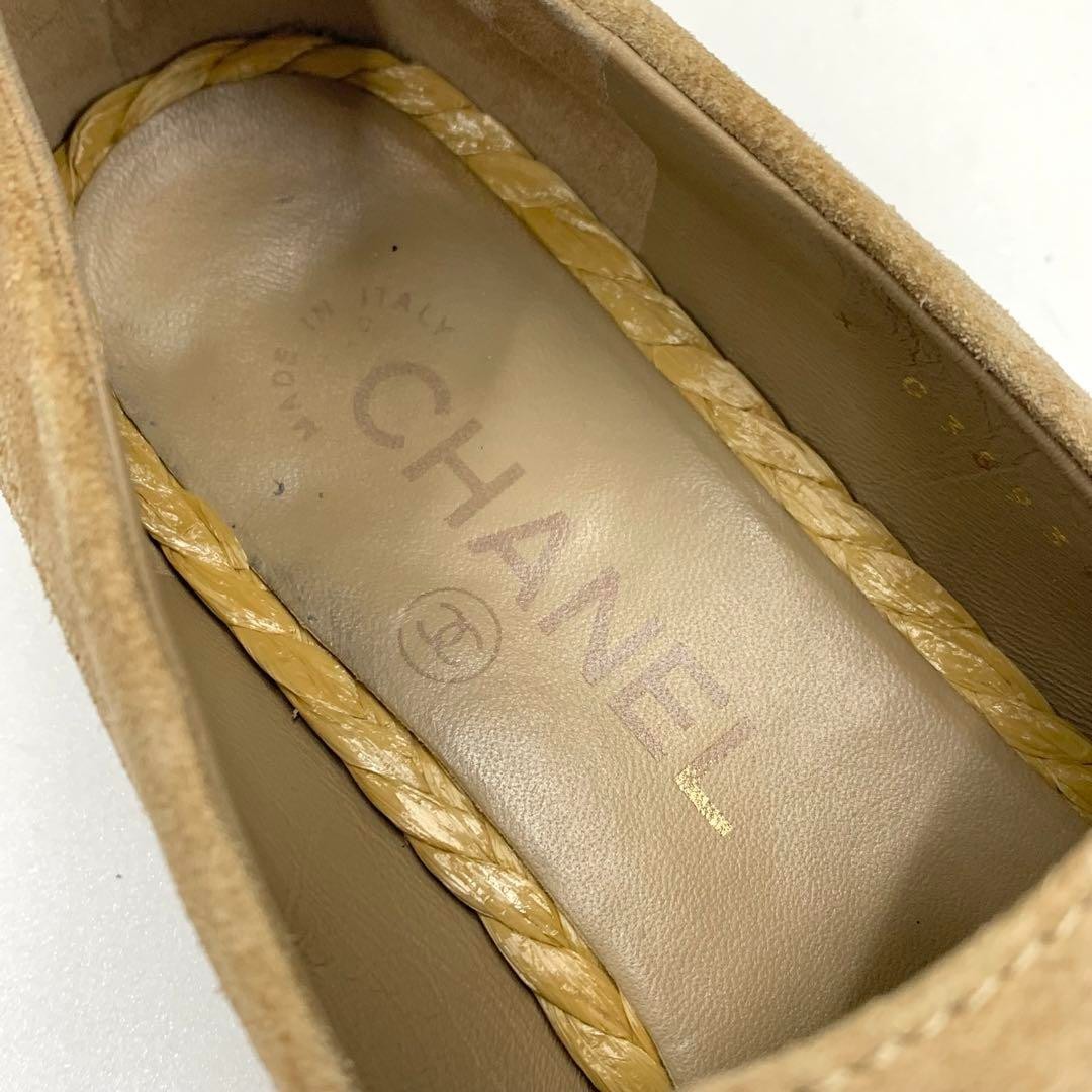 CHANEL Coco Mark Loafers Suede Beige Gold Women's Size 36