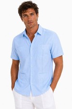 Bohio Men Soft 100 Linen Guayabera Shirt-Lt. Blue Traditional 4 Pocket -LS399