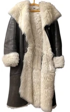 Luxury Toscana brown Shearling sheepskin Coat S-M Genuine Leather & white trim