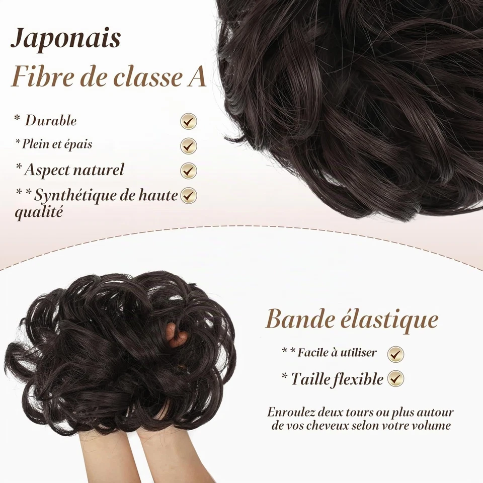 FESHFEN Chignon Postiche Cheveux Bouclés Ondulés Brun Foncé 55g - Photo 3/4