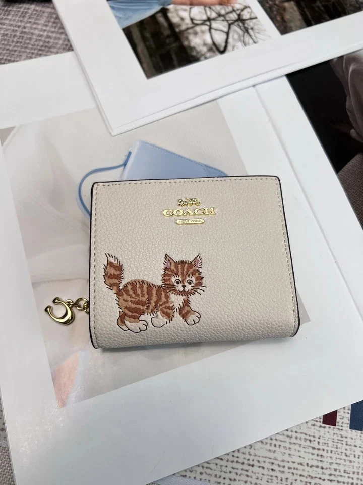 Coach Dancing Kitten Women's Pebble Leather Snap Wallet - Chalk