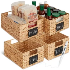 Set of 4 9x12in Water Hyacinth Pantry Baskets, Woven Organizers w/Chalkboard ...