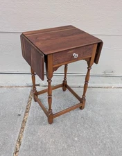 Antique Rustic English Cherry Wood Pembroke Drop Leaf 1-Drawer Work Table