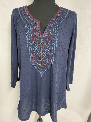 eddie bauer Womans 3/4 Sleeve Blue Tunic With Embroidery Sz XL - Picture 2 of 12