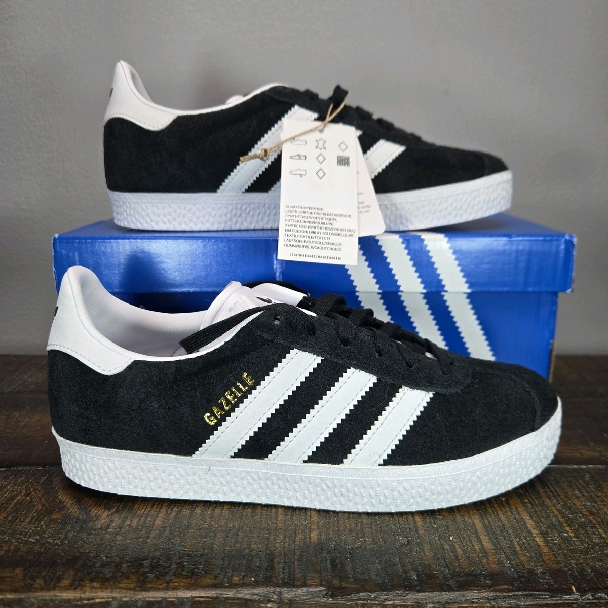 Adidas Gazelle Kids Children Size 1 Lace Up Shoes BB2507 Black Cloud White  | eBay