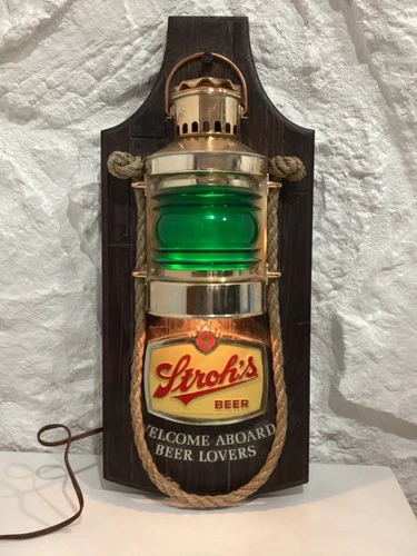 1970's Vintage Red Stroh's Beer Sign Lighted Lantern Bar Pub Nautical Rope Works