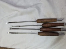 Vtg Mid-Century Stainless Steel Fondue Forks Set of 4 Hard Wood Handles 10"