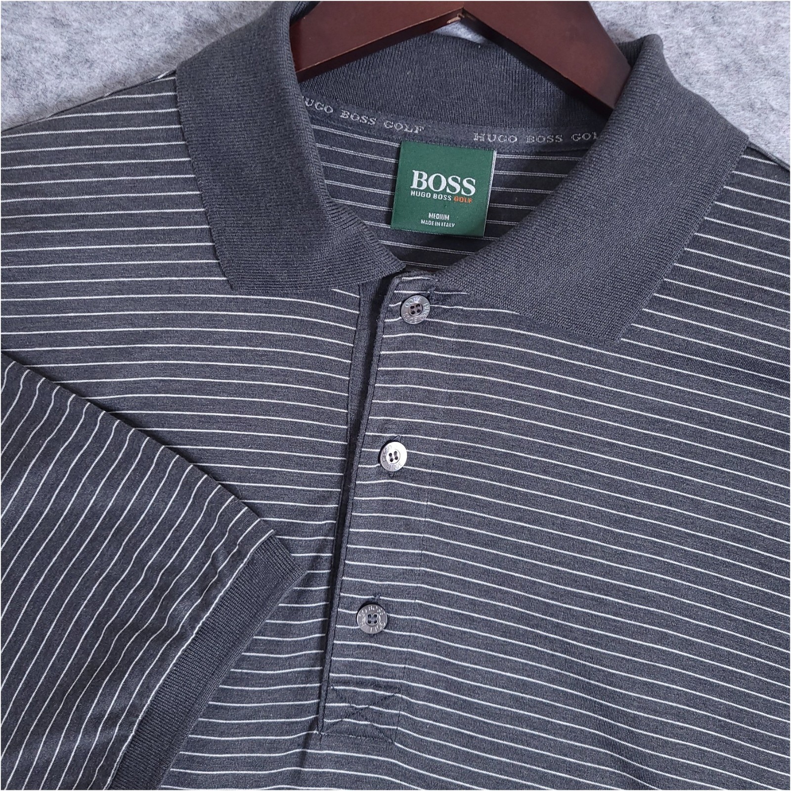 Hugo Boss Golf Men's Medium Gray Striped Short Sleeve Cotton Polo Shirt Italy