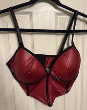     Castle Megastore Red  Black Nylon Faux Leather Bustier Lingerie Size L    