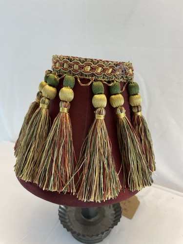 Burgundy Silk Clip On Lamp Shade with Bouillon & Tassel Fringe 5" Tall - Picture 4 of 6