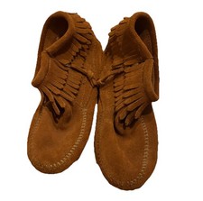 Minnetonka Infant Size 3 Brown Leather Back Strap Bootie Moccasins Suede Fringe