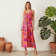 Boho Resort Maxi Dress Multi Floral Cotton Shift Sleeveless Pockets L