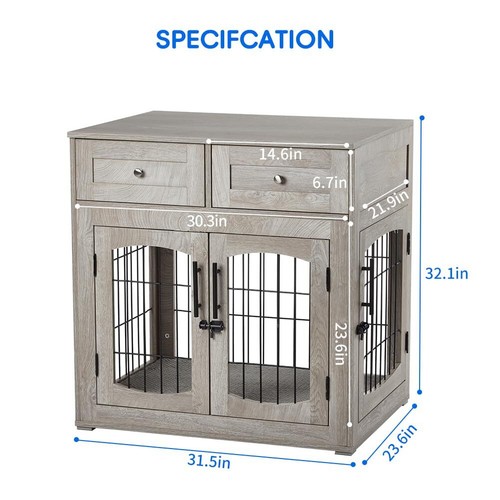 Indoor Dog Crate Furniture Wood Dog Kennel with 2 Drawers 3-Doors for S/M/L Dogs - Picture 6 of 7