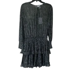 NWT Misa Los Angeles Black Silver Sheer Bodice Ruffled L/S Mini Dress Small