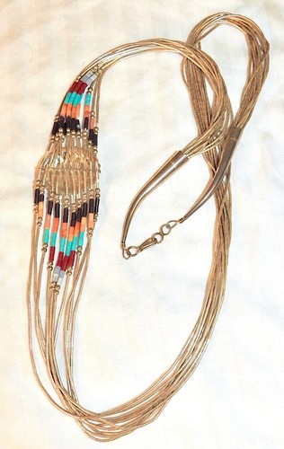 Vintage Navajo Necklace Liquid Silver with Gemstone Inlay Pendant - Picture 5 of 5
