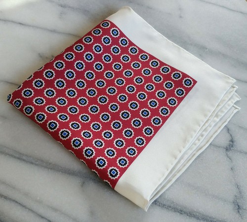 Hand Rolled Silk Ivory Pocket Square with Maroon,Black and Navy Geometric Design - Picture 2 of 3