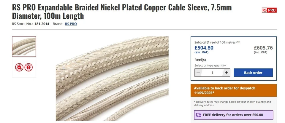 RS PRO Expandable Braided Nickel Plated Copper Cable Sleeve 7.5mm Dia - Image 3 of 4