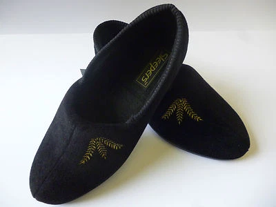 NEW SLEEPERS ZENA WOMENS SLIPPERS BLACK EMBROIDERED WIDE FIT E/EE £12.99