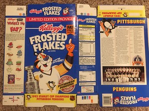 1992 PITTSBURGH PENGUINS STANLEY CUP CHAMPS EMPTY KELLOGG'S FROSTED FLAKES BOX
