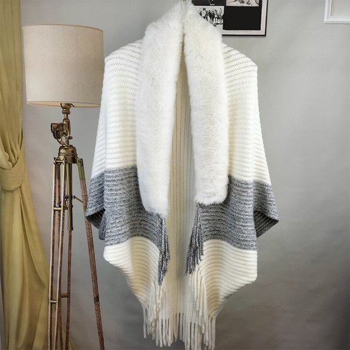 Womens Faux Fur Warm Winter Knitted Poncho Cardigan Cloak Shawl Cape Coat Jacket - Afbeelding 12 van 22
