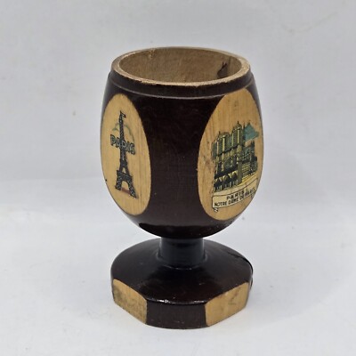Vintage Wooden Egg Cup Paris Souvenir Eiffel Tower Notre Dame L'Arc Triomphe 3''H