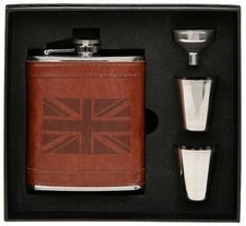 Hip Flask Gift Set Union Jack Stainless Steel Brown Leather Britannia 8oz Drink