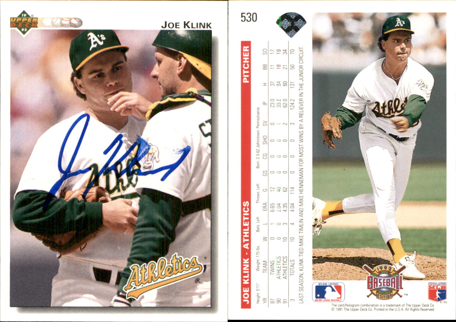 Joe Klink Signed 1992 Upper Deck #530 Card Oakland Athletics Auto AU
