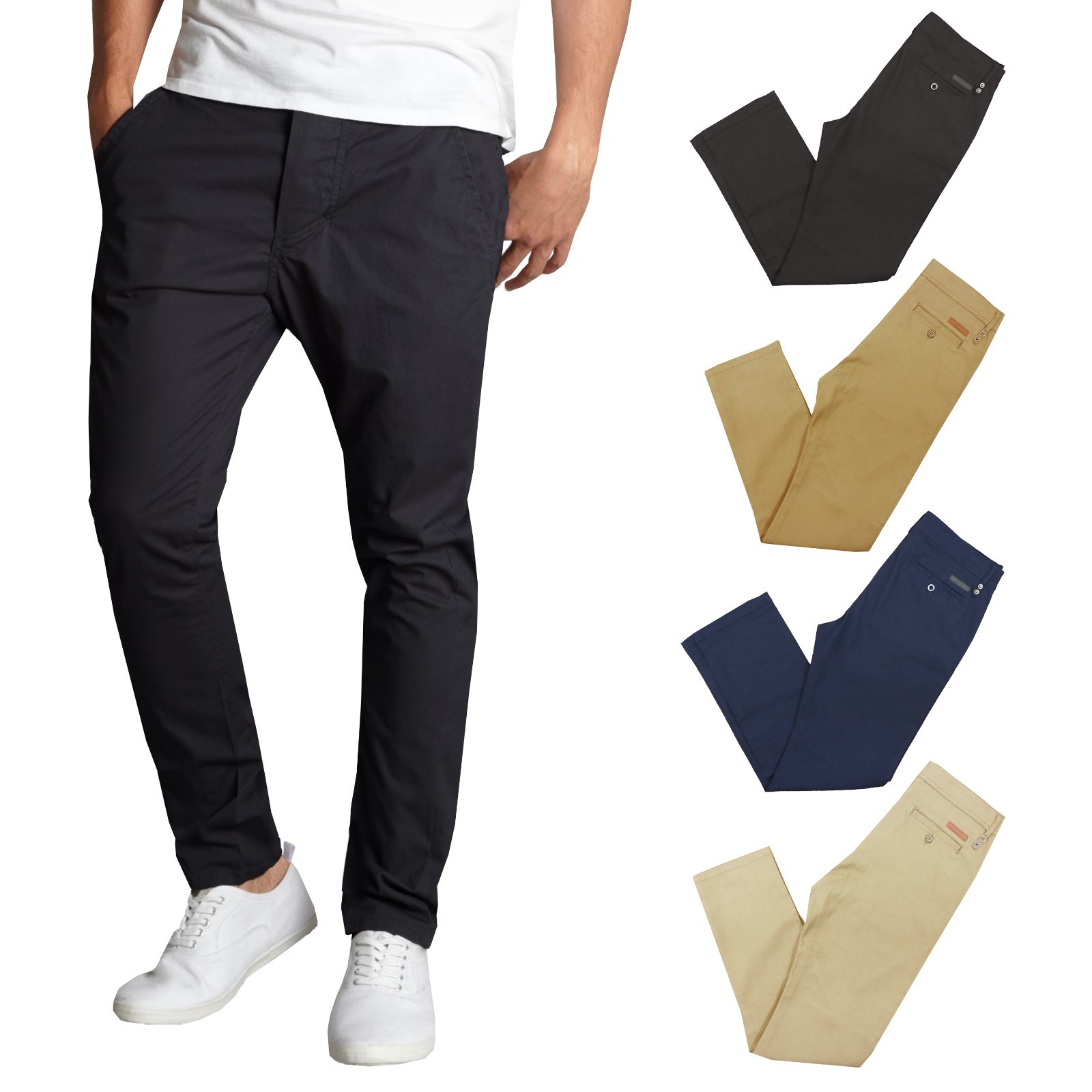 Mens Chino Pants Cotton Stretch Slim Fit Belt Zip Fly Trouser Casual Work  School | eBay
